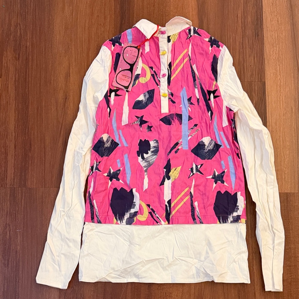 Liva Pink Abstract Print Polo Top with White Sleeves